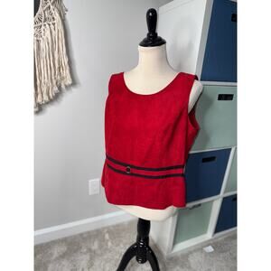 Vtg Women's Red Faux Suede Striped Peplum Style Sleeveless Blouse 16 Old Money